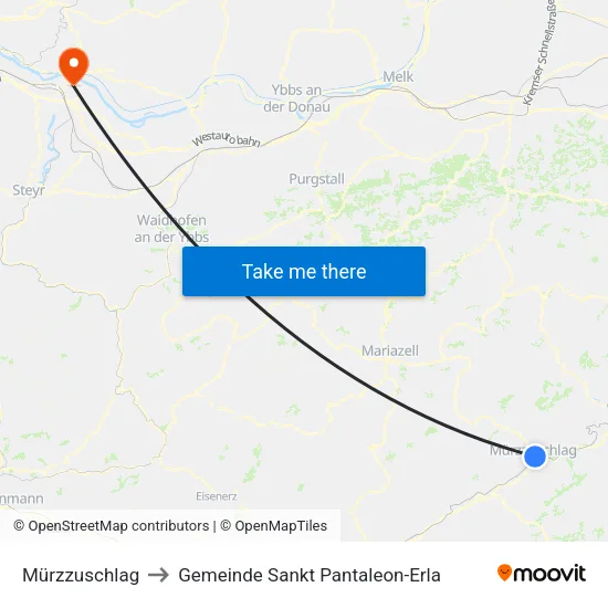 Mürzzuschlag to Gemeinde Sankt Pantaleon-Erla map