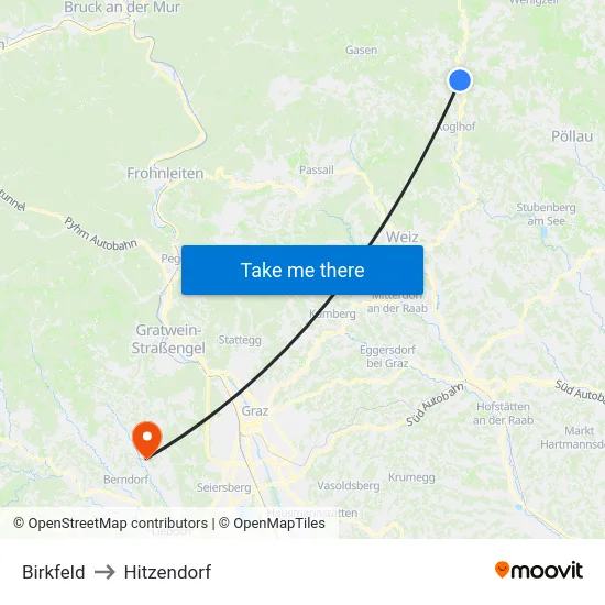 Birkfeld to Hitzendorf map
