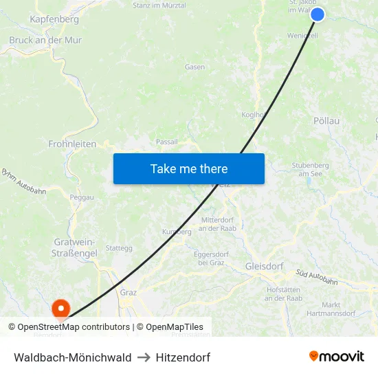 Waldbach-Mönichwald to Hitzendorf map