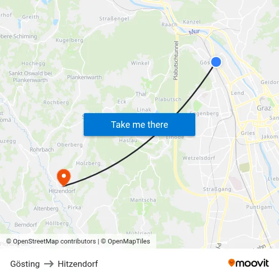 Gösting to Hitzendorf map