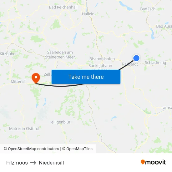 Filzmoos to Niedernsill map