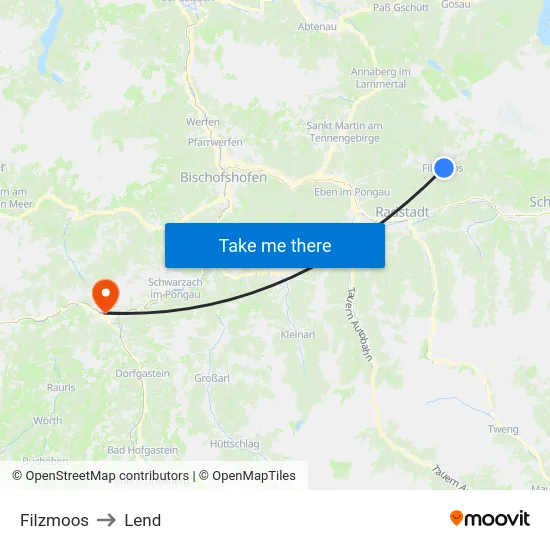 Filzmoos to Lend map