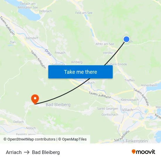 Arriach to Bad Bleiberg map