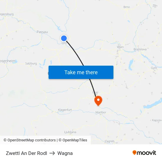 Zwettl An Der Rodl to Wagna map