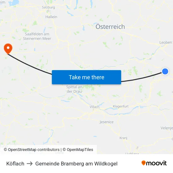 Köflach to Gemeinde Bramberg am Wildkogel map