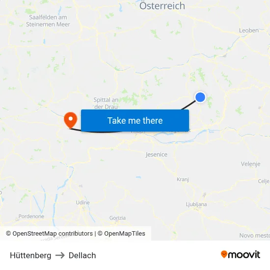 Hüttenberg to Dellach map