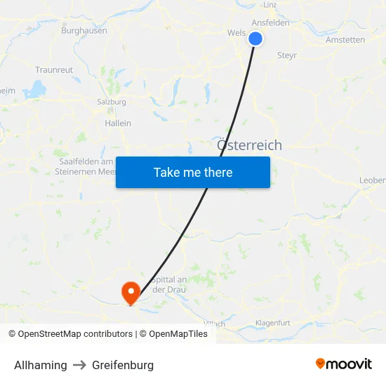 Allhaming to Greifenburg map