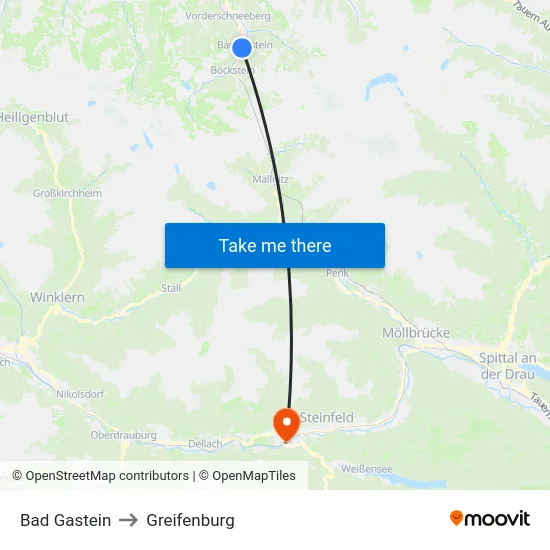 Bad Gastein to Greifenburg map