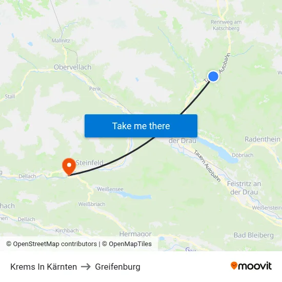 Krems In Kärnten to Greifenburg map