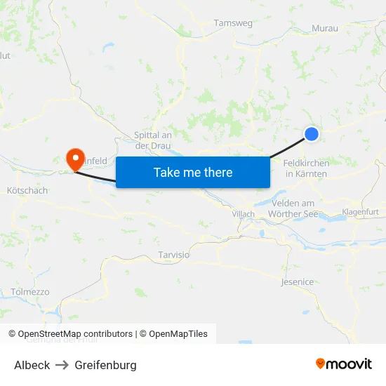 Albeck to Greifenburg map