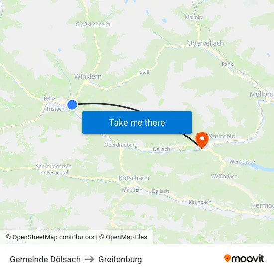 Gemeinde Dölsach to Greifenburg map
