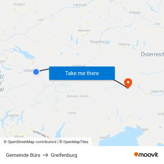 Gemeinde Bürs to Greifenburg map