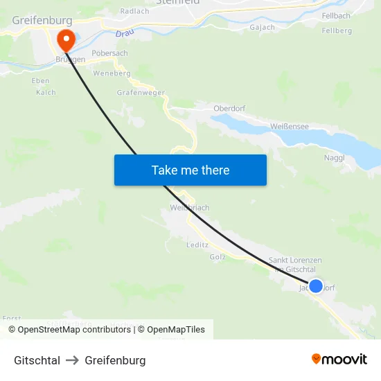 Gitschtal to Greifenburg map