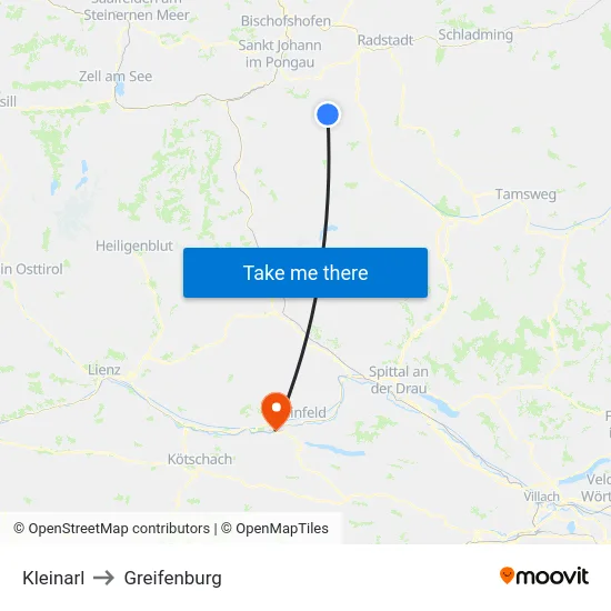 Kleinarl to Greifenburg map