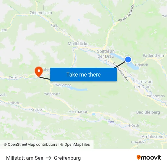 Millstatt am See to Greifenburg map