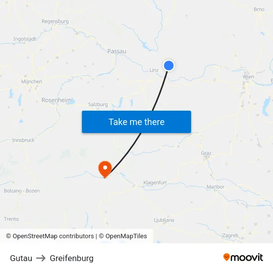 Gutau to Greifenburg map