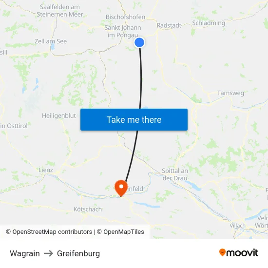 Wagrain to Greifenburg map