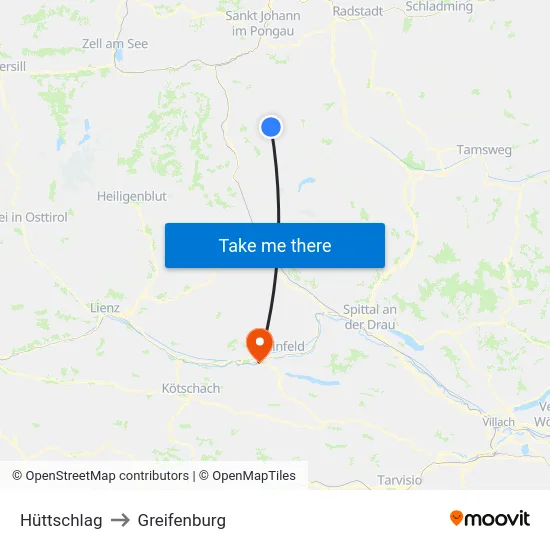 Hüttschlag to Greifenburg map