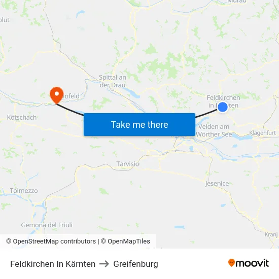 Feldkirchen In Kärnten to Greifenburg map