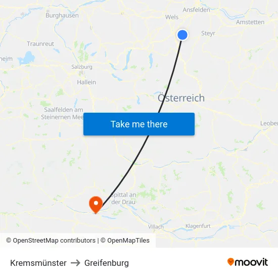 Kremsmünster to Greifenburg map