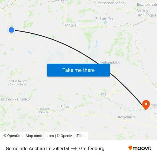 Gemeinde Aschau Im Zillertal to Greifenburg map