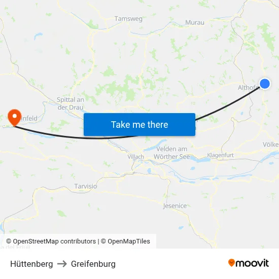 Hüttenberg to Greifenburg map