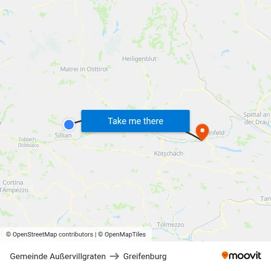Gemeinde Außervillgraten to Greifenburg map