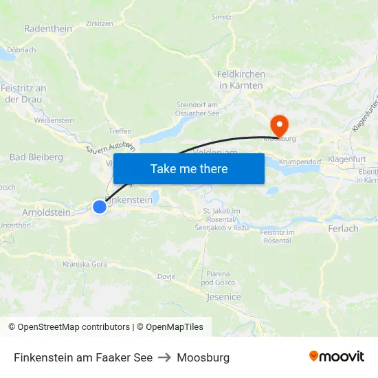 Finkenstein am Faaker See to Moosburg map
