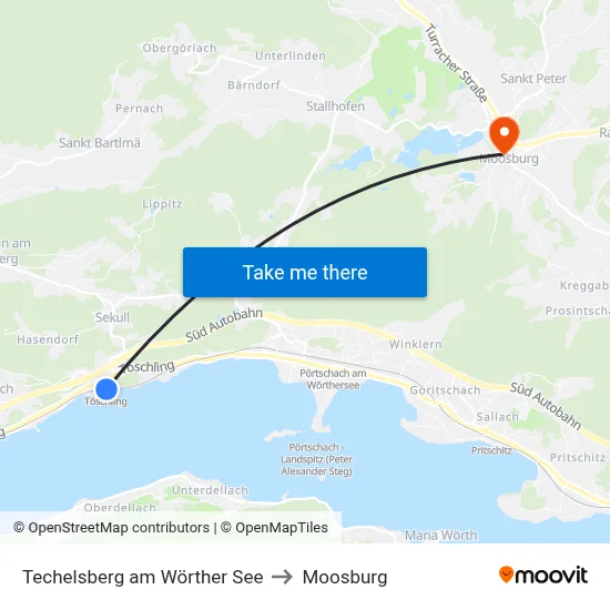 Techelsberg am Wörther See to Moosburg map