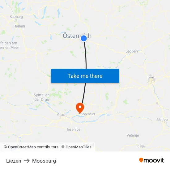 Liezen to Moosburg map