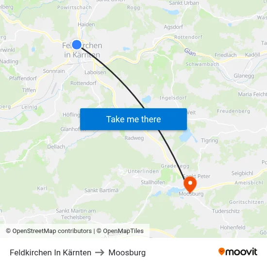 Feldkirchen In Kärnten to Moosburg map