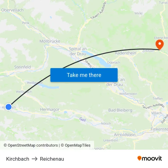 Kirchbach to Reichenau map