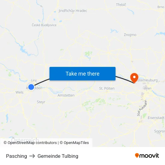 Pasching to Gemeinde Tulbing map