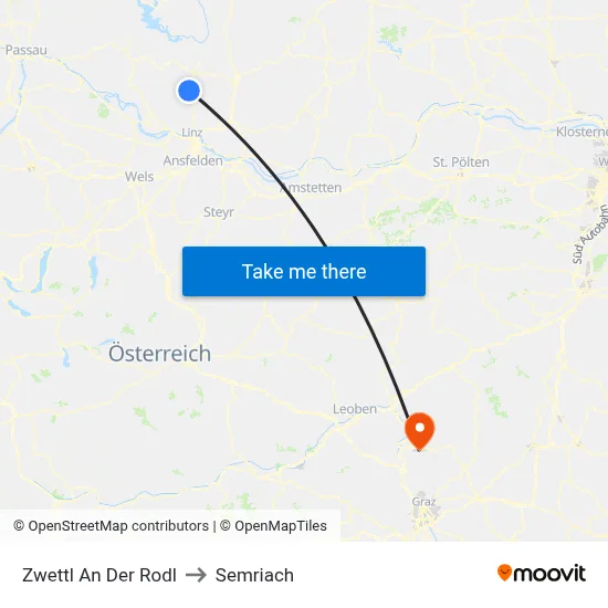 Zwettl An Der Rodl to Semriach map