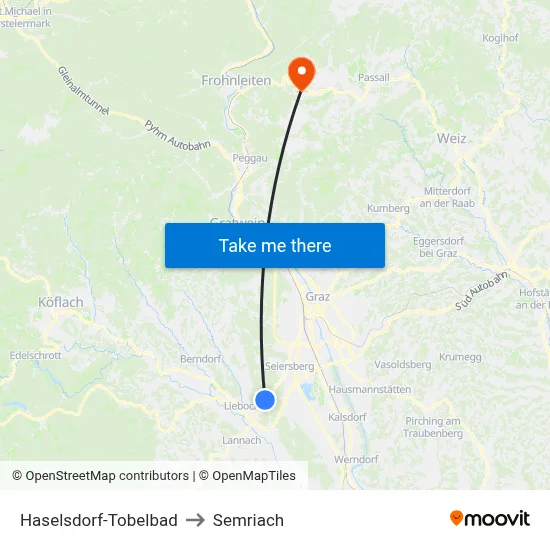 Haselsdorf-Tobelbad to Semriach map