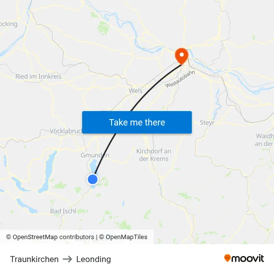 Traunkirchen to Leonding map