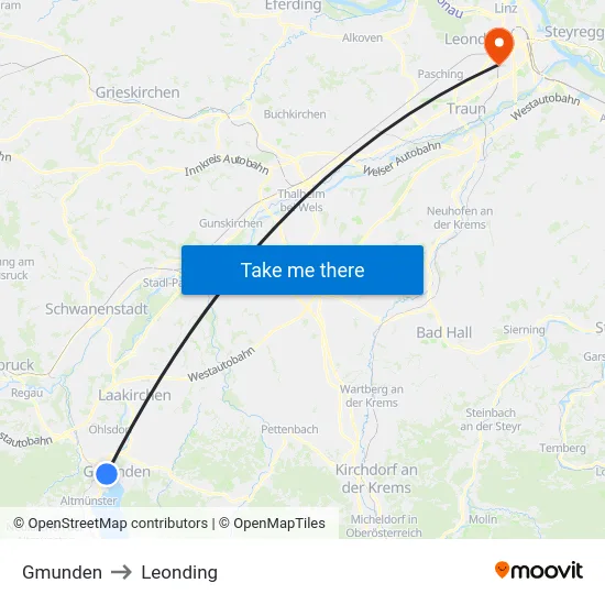 Gmunden to Leonding map