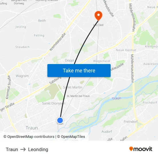 Traun to Leonding map