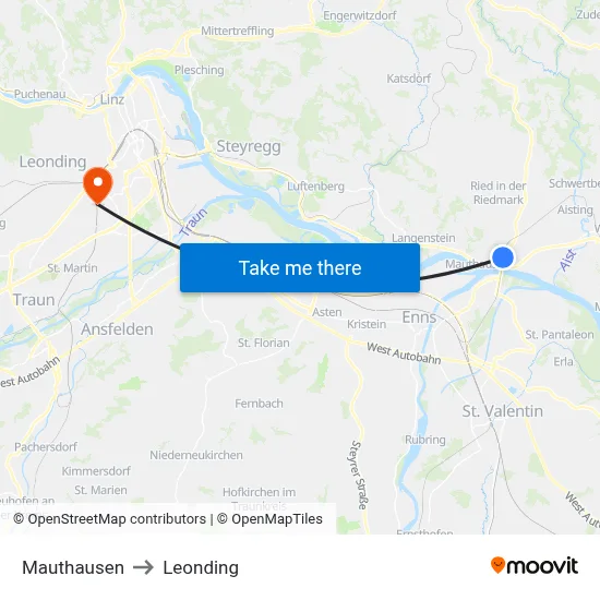 Mauthausen to Leonding map