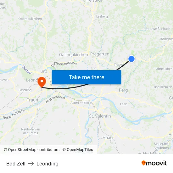 Bad Zell to Leonding map