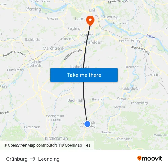 Grünburg to Leonding map