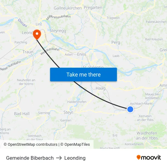 Gemeinde Biberbach to Leonding map