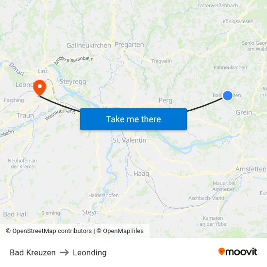 Bad Kreuzen to Leonding map