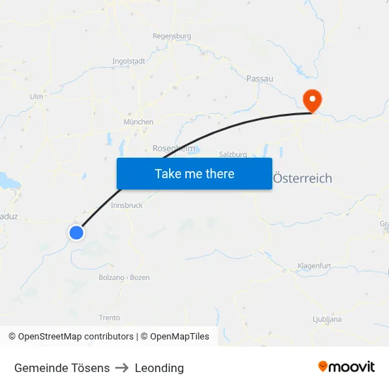 Gemeinde Tösens to Leonding map