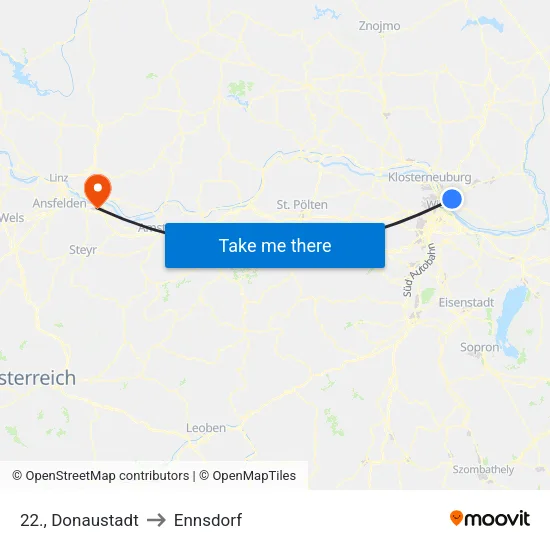 22., Donaustadt to Ennsdorf map