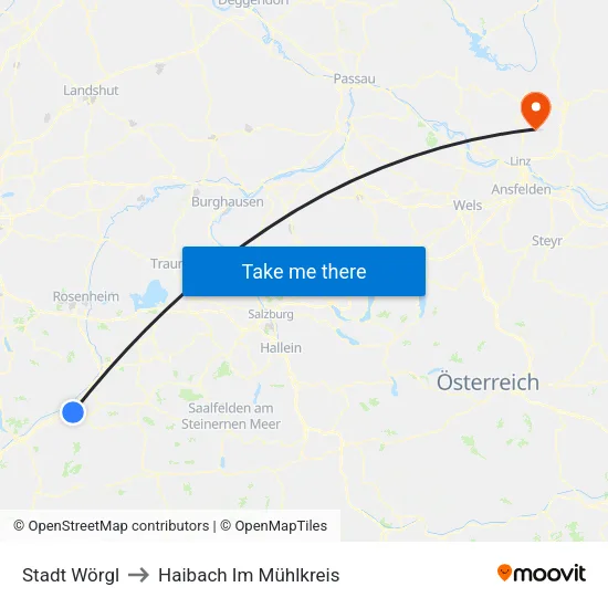 Stadt Wörgl to Haibach Im Mühlkreis map