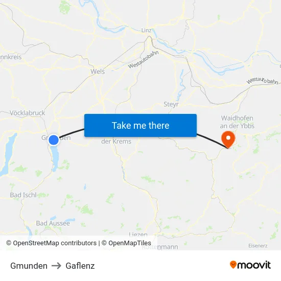 Gmunden to Gaflenz map