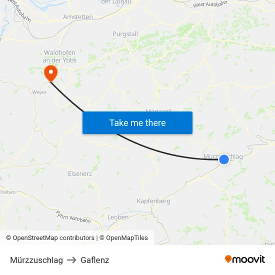 Mürzzuschlag to Gaflenz map