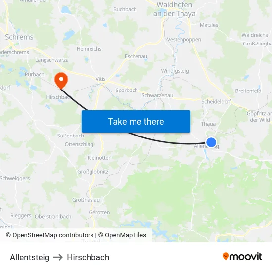 Allentsteig to Hirschbach map