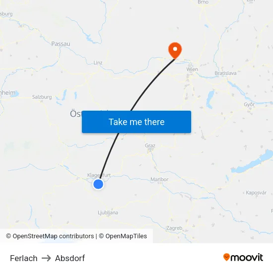 Ferlach to Absdorf map